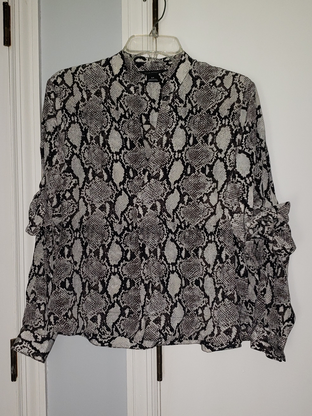 Club Monaco Black and White Snake-Print V-Neck Blouse